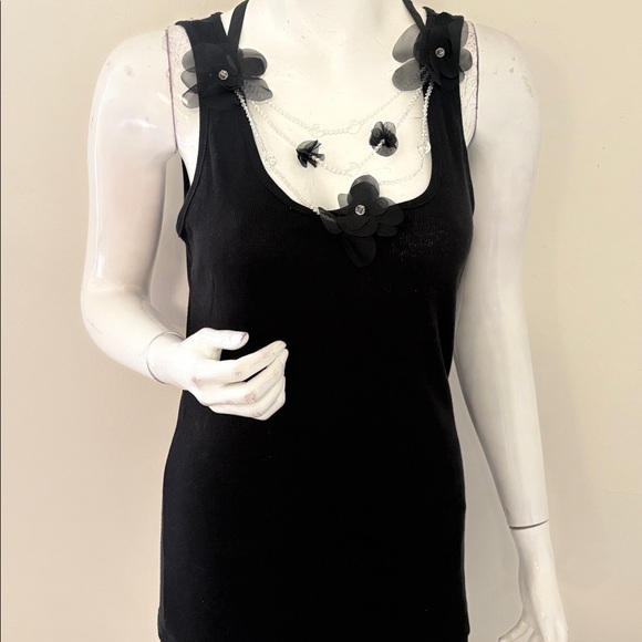 Vintage Y2K Charlotte Russe Black Ribbed Tank w Attached Crystal Flower Necklace - Picture 7 of 7